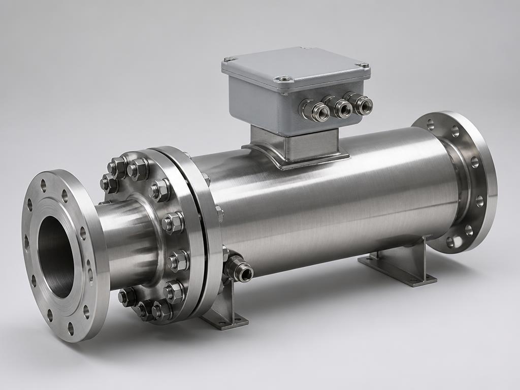 Aquecedor de passagem ATEX em aço inox com corpo flangeado e caixa de ligação Ex certificada